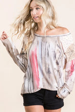 Tie Dye Long Sleeve Top with Print Block Shoulder and Lace Accents