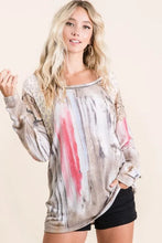 Tie Dye Long Sleeve Top with Print Block Shoulder and Lace Accents