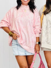 Pink tie-dye oversized mock neck sweatshirt with slightly stretchy fabric and soft loose-fitting sleeves machine wash cold