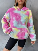 Tie-dye plush fleece hoodie in vibrant pink yellow and light blue hues made for machine wash cold care
