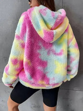 Tie-dye plush fleece hoodie in vibrant pink yellow and light blue hues soft and cozy machine wash cold