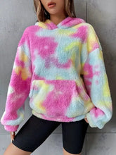 Pastel tie-dye plush fleece hoodie with pink yellow and light blue swirls machine wash cold recommended