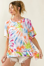 Tie Dye Print Jersey Stitched Uneven Hem Oversized Top OFF WHITE MULTI
