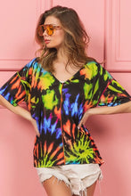 Tie Dye Print Jersey Stitched V Neck Top for Women BLACK MULTI