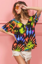 Tie Dye Print Jersey Stitched V Neck Top for Women