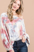 Tie Dye Print Long Sleeve Top with Puff Sleeves for Women