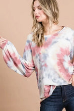 Tie Dye Print Long Sleeve Top with Puff Sleeves for Women Woman T Shirts