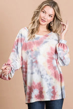 Tie Dye Print Long Sleeve Top with Puff Sleeves for Women