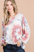 Tie Dye Print Long Sleeve Top with Puff Sleeves for Women