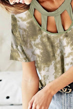 Tie Dye Print Waffle Top with Contrast Caged Neck for Women