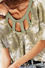 Tie Dye Print Waffle Top with Contrast Caged Neck for Women