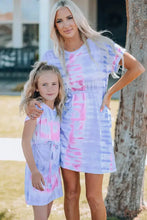 Tie-Dye Short Sleeve Dress with Moderate Stretch and Adjustable Hem Width Parent-Child Clothing