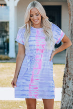 Tie-Dye Short Sleeve Dress with Moderate Stretch and Adjustable Hem Width Multi