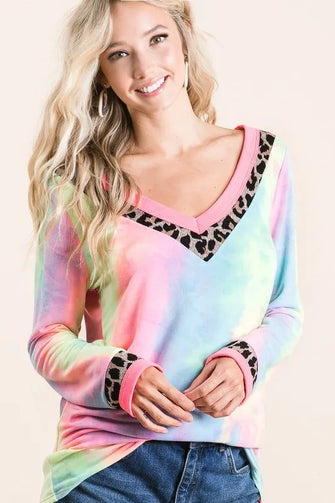 Tie Dye Terry V Neck Long Sleeve Top with Animal Print Trim PASTEL TIE DYE
