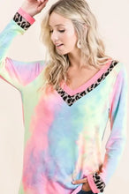 Tie Dye Terry V Neck Long Sleeve Top with Animal Print Trim Woman T Shirts