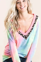 Tie Dye Terry V Neck Long Sleeve Top with Animal Print Trim Woman T Shirts
