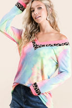 Tie Dye Terry V Neck Long Sleeve Top with Animal Print Trim