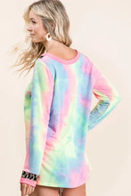 Tie Dye Terry V Neck Long Sleeve Top with Animal Print Trim