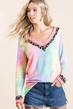 Tie Dye Terry V Neck Long Sleeve Top with Animal Print Trim Woman T Shirts