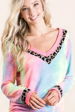 Tie Dye Terry V Neck Long Sleeve Top with Animal Print Trim