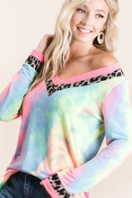 Tie Dye Terry V Neck Long Sleeve Top with Animal Print Trim