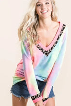 Tie Dye Terry V Neck Long Sleeve Top with Animal Print Trim Woman T Shirts