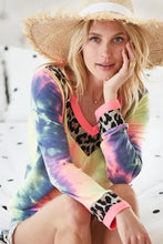 Tie Dye Terry V Neck Top with Leopard Print and Neon Trim Woman T Shirts