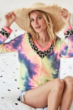 Tie Dye Terry V Neck Top with Leopard Print and Neon Trim Woman T Shirts
