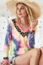 Tie Dye Terry V Neck Top with Leopard Print and Neon Trim