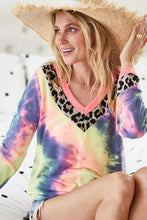 Tie Dye Terry V Neck Top with Leopard Print and Neon Trim