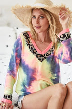 Tie Dye Terry V Neck Top with Leopard Print and Neon Trim