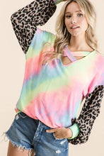 Tie Dye Top with Leopard Puff Sleeves Long Sleeve Women's Shirt PASTEL TIE DYE