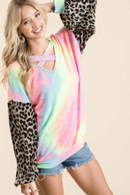 Tie Dye Top with Leopard Puff Sleeves Long Sleeve Women's Shirt
