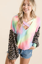 Tie Dye Top with Leopard Puff Sleeves Long Sleeve Women's Shirt