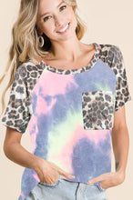 Tie Dye Top with Leopard Raglan Sleeves for Women