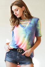 Tie Dye V Neck Terry Top with Strapped Front Cutout for Women CHARCOAL TIEDYE
