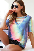 Tie Dye V Neck Terry Top with Strapped Front Cutout for Women