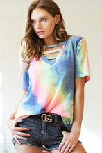 Tie Dye V Neck Terry Top with Strapped Front Cutout for Women