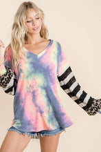 Tie Dye V Neck Top with Stripe Puff Sleeves and Leopard Print CHARCOAL TIEDYE