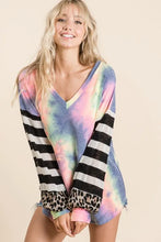 Tie Dye V Neck Top with Stripe Puff Sleeves and Leopard Print