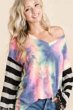 Tie Dye V Neck Top with Stripe Puff Sleeves and Leopard Print Woman T Shirts