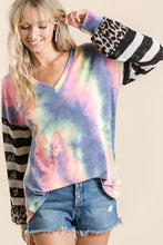 Tie Dye V Neck Top with Stripe Puff Sleeves and Leopard Print