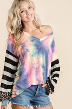 Tie Dye V Neck Top with Stripe Puff Sleeves and Leopard Print