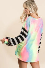 Tie Dye V Neck Top with Stripe Puff Sleeves and Leopard Print