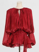 Vibrant red sheer chiffon Tie Front Balloon Sleeve Top back view