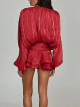 Vibrant red satin Tie Front Balloon Sleeve Top and Skirt Set with ruffled hem