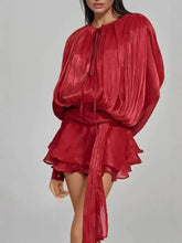 Vibrant red pleated satin Tie Front Balloon Sleeve Top and Skirt Set