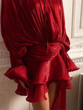 Deep red satin dress with cinched waist, ruffles in Tie Front set