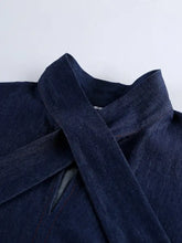 Dark blue denim shirt with structured collar and stitching, Tie Front set