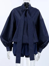 Dark blue denim blouse with voluminous sleeves and tied necktie on Tie Front Denim Top set